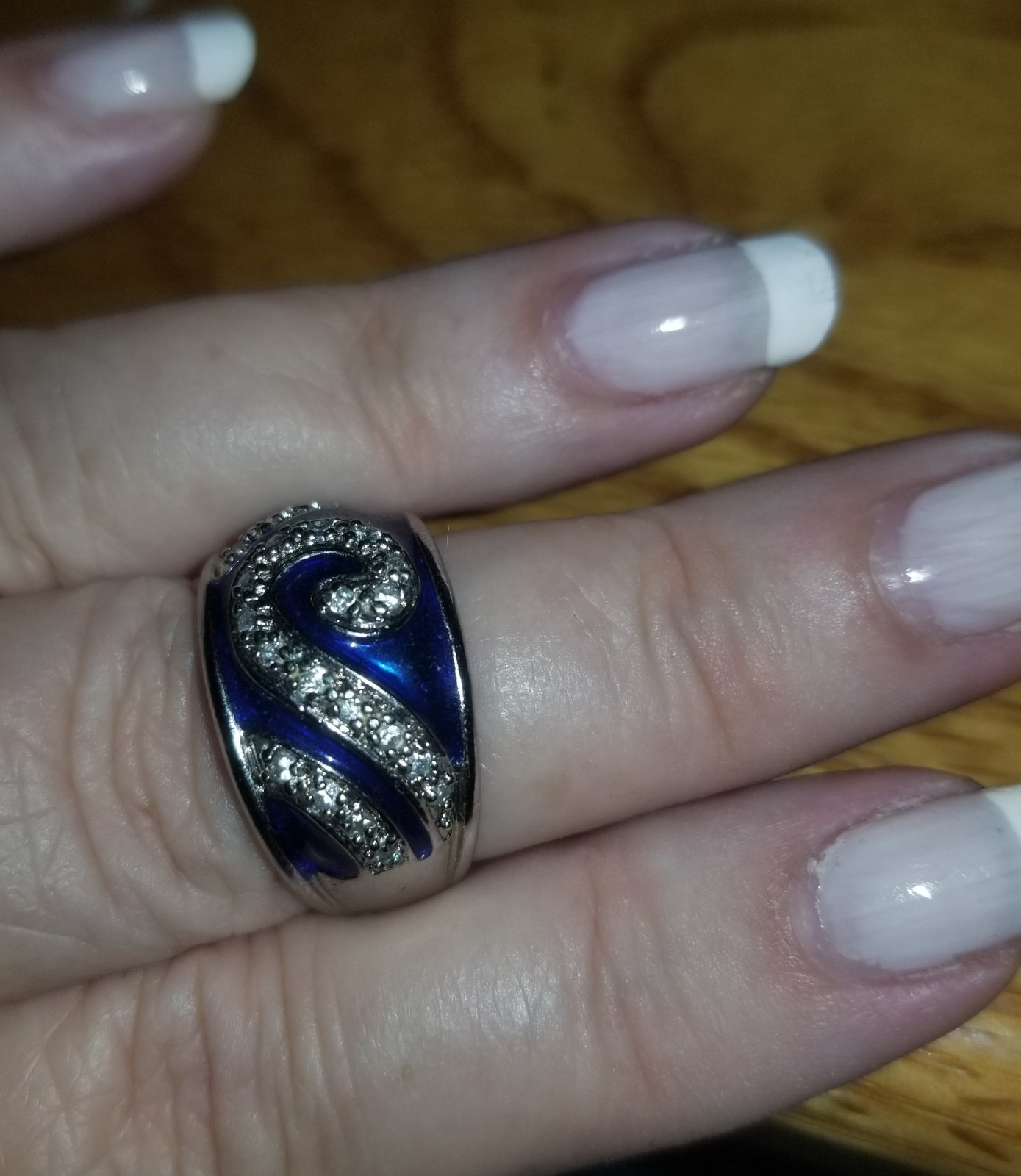 Vintage Hildago? Blue Enamel CZ Wave Ocean 925 Band Ring Sterling Silver 8.2 G
