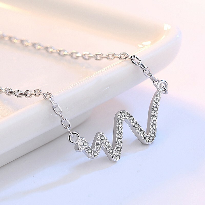 Women 925 Sterling Silver Chain Necklace Crystal Abstract Heartbeat W Pendant