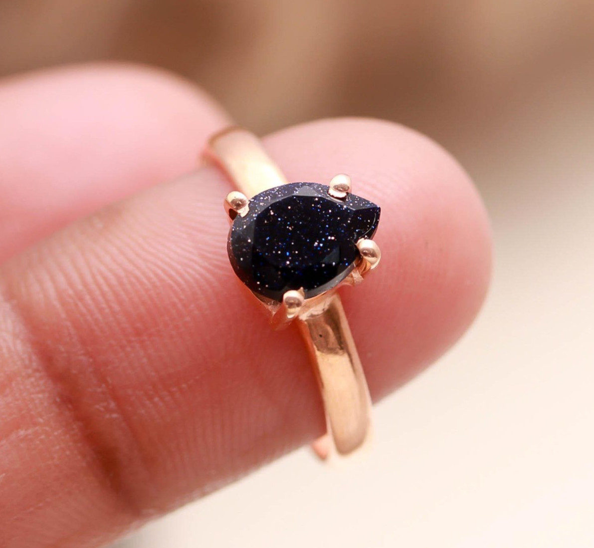 Natural Sandstone Pear Ring Rose Gold Plated 925 Sterling Silver Vintage Jewelry