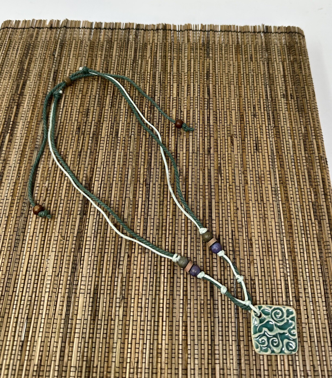 Green Spiral Bohemian Handmade Necklace with Square Engraved Pendant