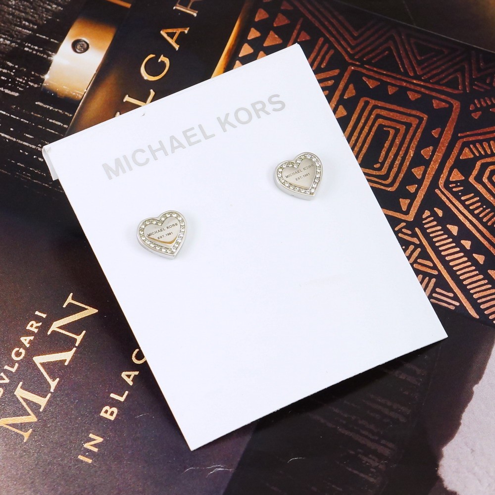 Clearance!! NWT Michael Kors Pave Heart Logo Stud Earrings MKJ3966 Silver Tone