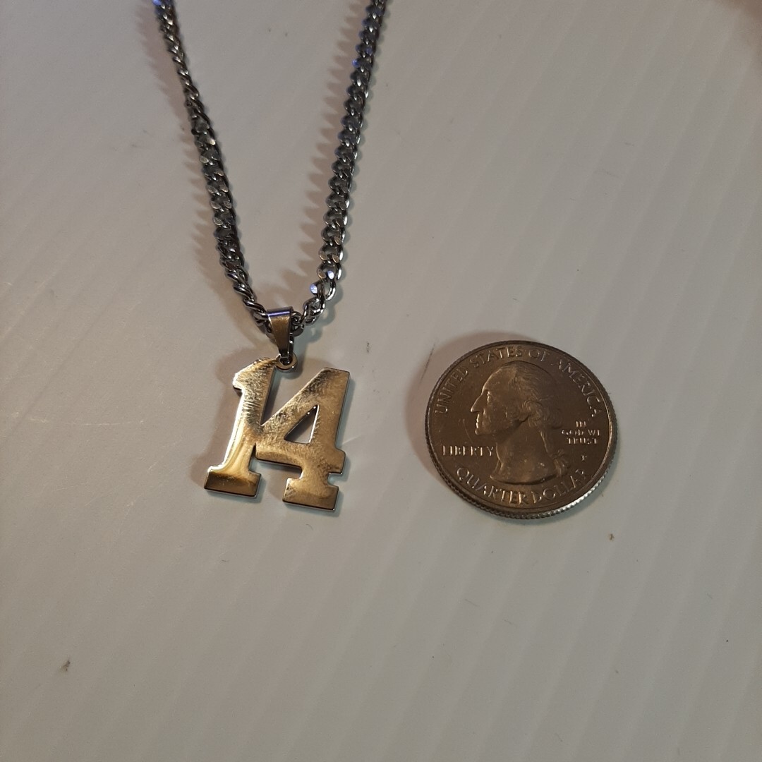 #14 BASEBALL FOOTBALL NUMBER Pendant Charm / 18″-24″ STAINLESS CHAIN NECKLACE