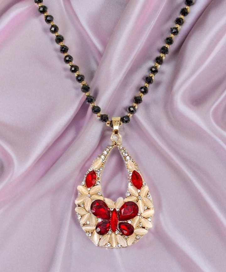Red crystal butterfly pendant necklace with white cat eye stones, crystals – NEW