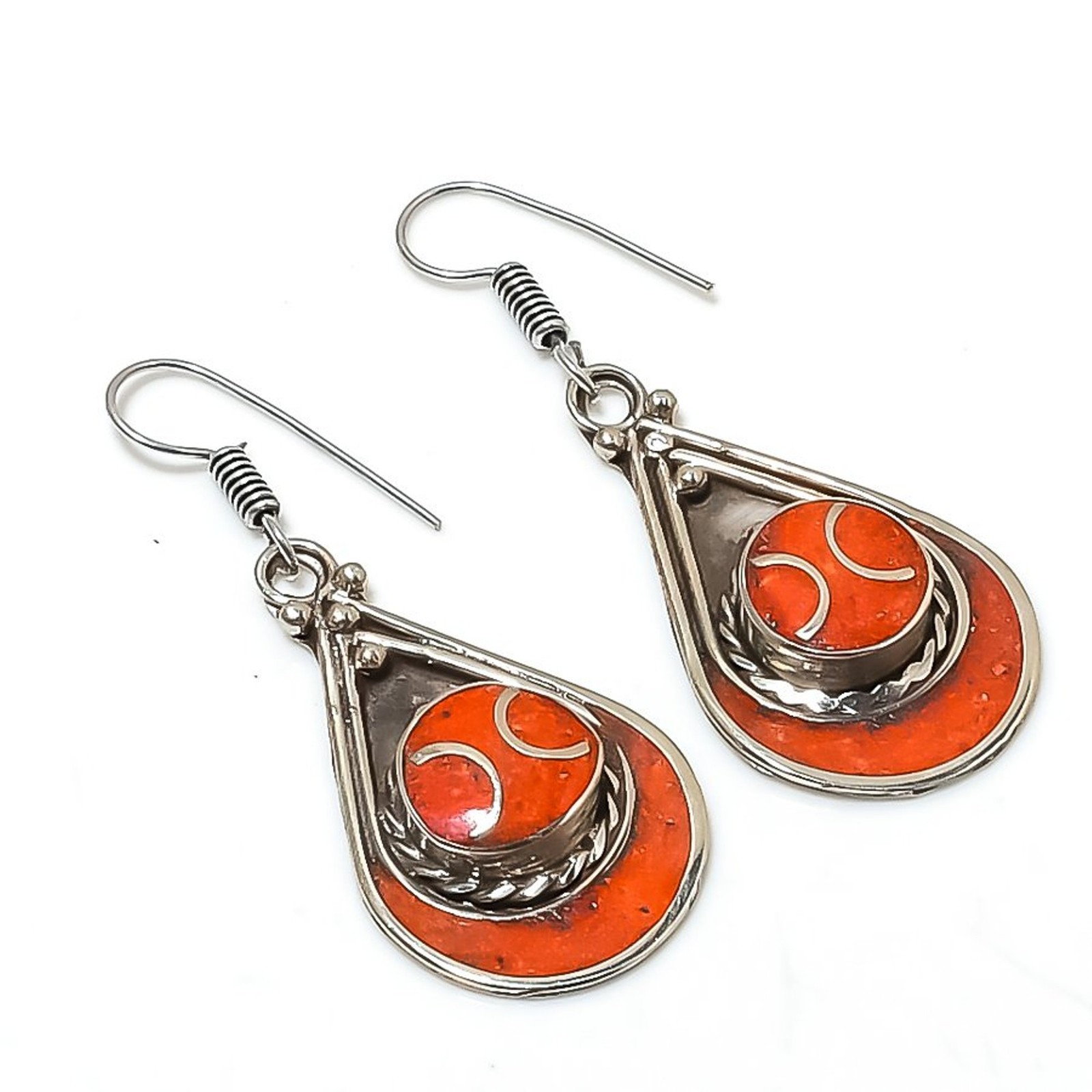 Red Coral Gemstone Earrings Bahamas Handmade Tibetan Nepali Jewelry 2.4″ NE 5508