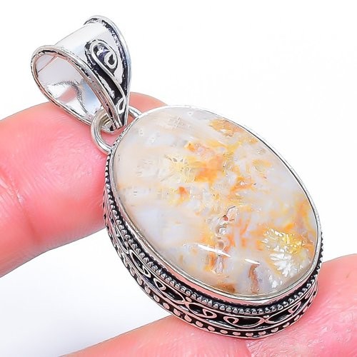 Natural Plume Agate Gemstone 925 Silver Plated Jewelry Pendant 1.8″ (7036)