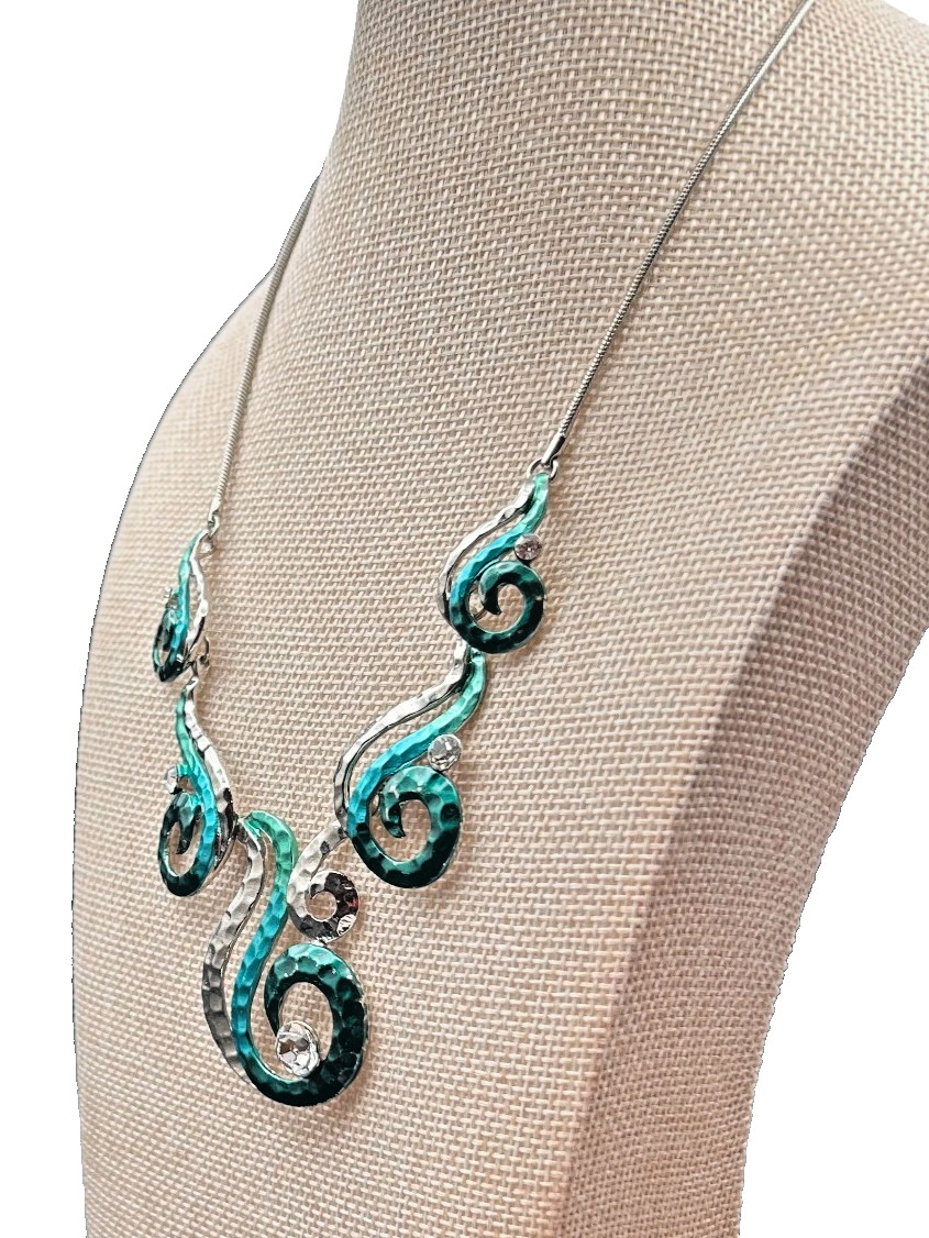 Silver Tone Statement Bib Necklace Teal Aqua Swirl Hammered Metal Rhinestone 18″