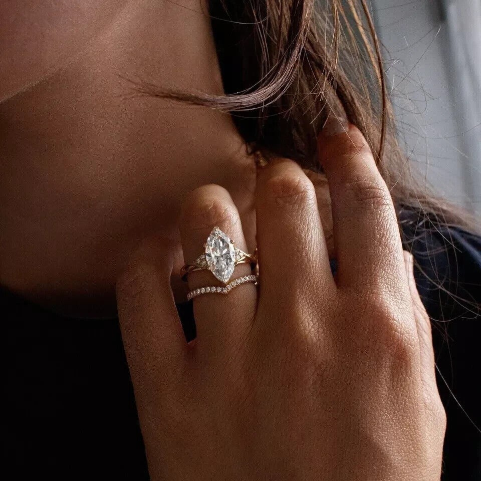 3Ct Marquise Cut Simulated Diamond Pretty Engagement Ring 14k Yellow Gold Plated