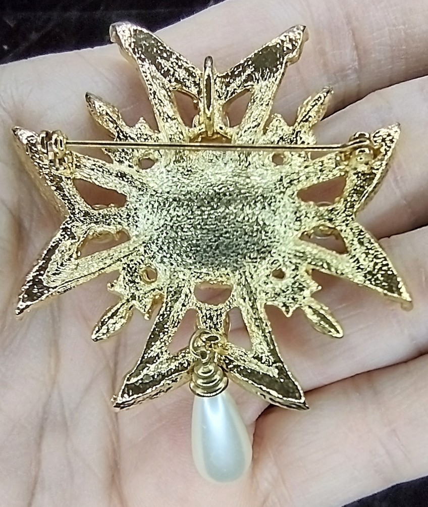 Vtg Russian Maltese Cross Brooch Pin Pendant Blue Enamel Rhinestone Faux Pearl