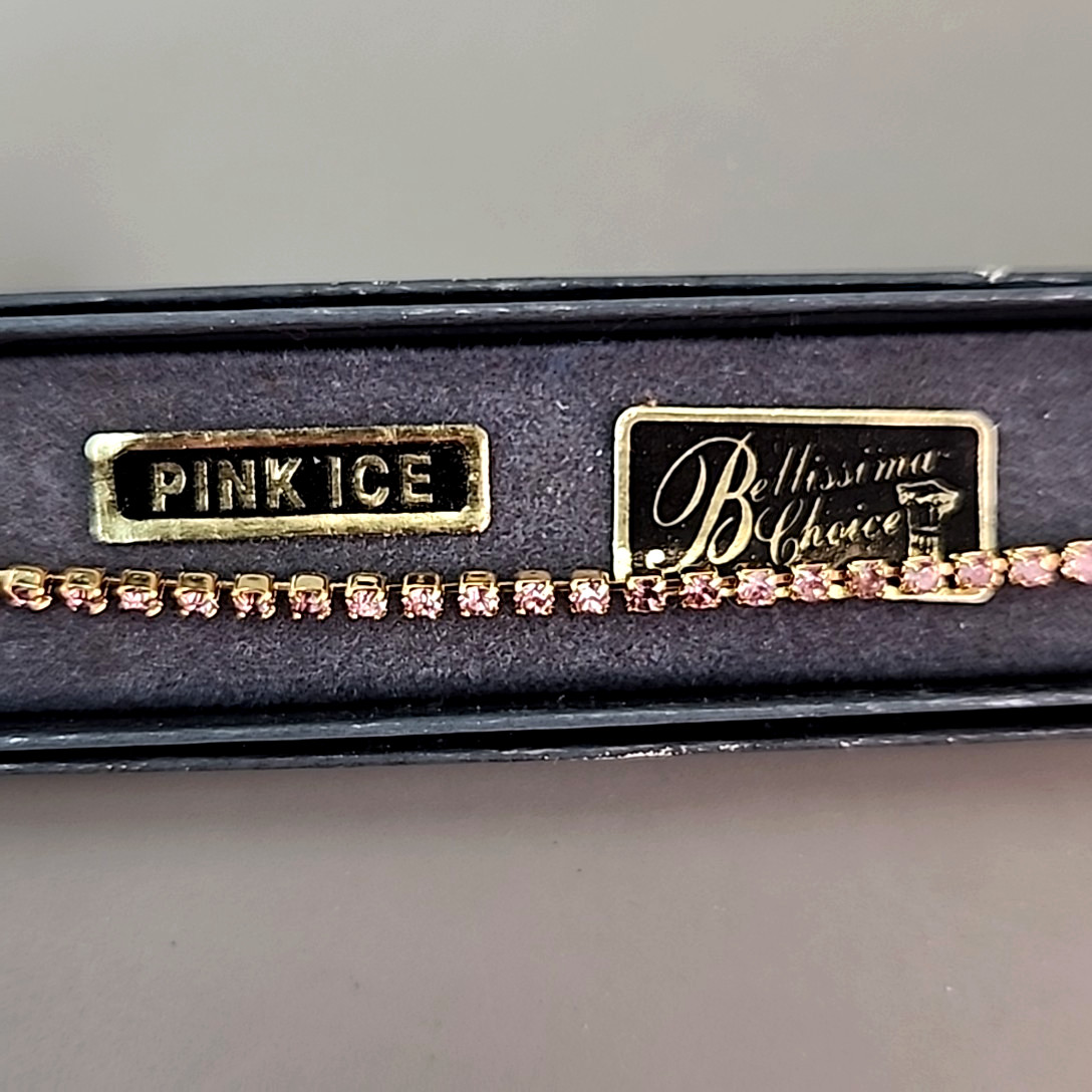 Vintage Tennis Rhinestone Bracelet Pink Bellissima Choice Gold Tone 6.25″