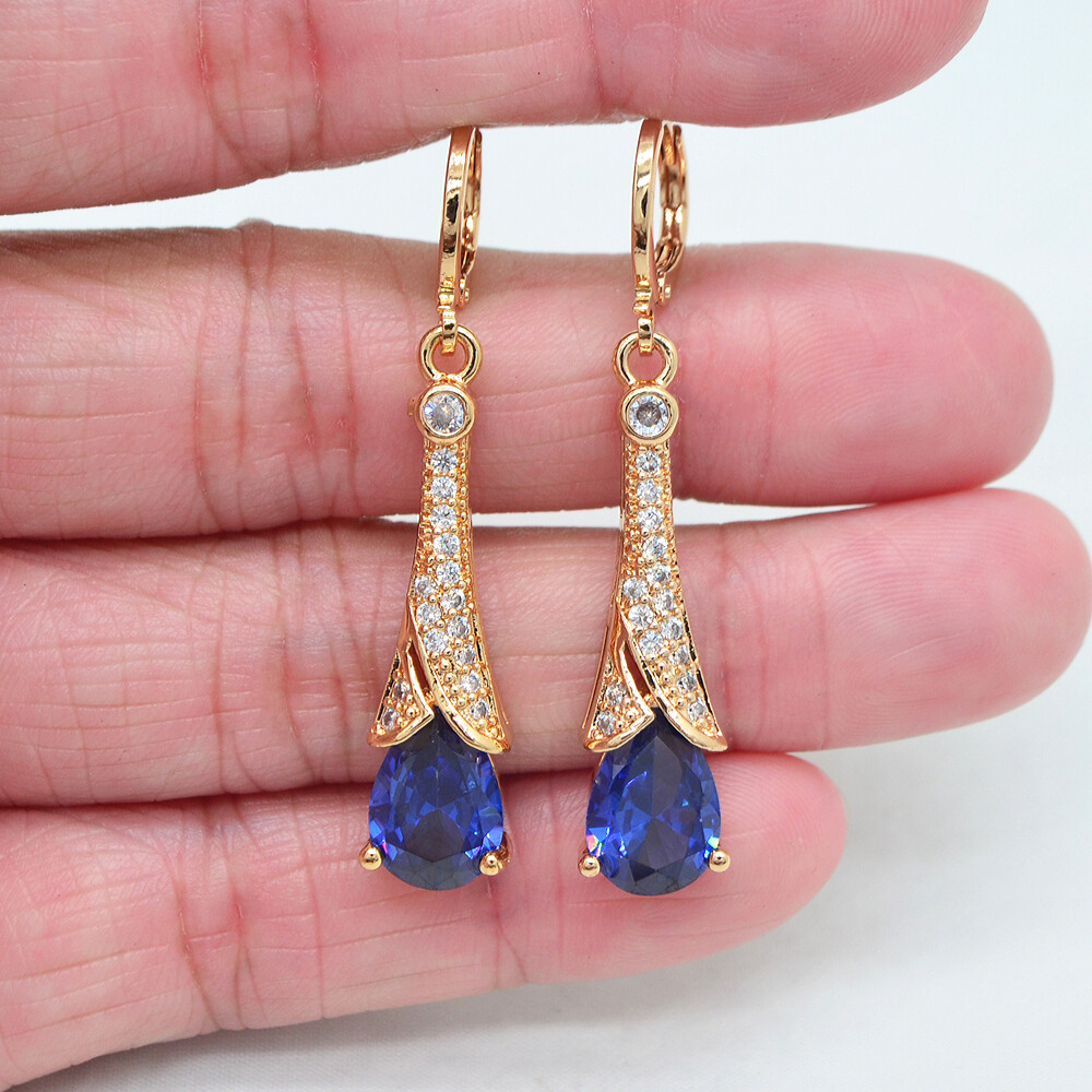 18K Yellow Gold Filled Women Fashion Blue Mystic Topaz Teardrop Dangle Earrings