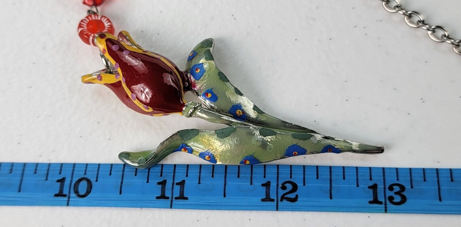Multicolor Flowers Dangle Charm Necklace 21″ Silver-Tone Mixed-Materials Enamel