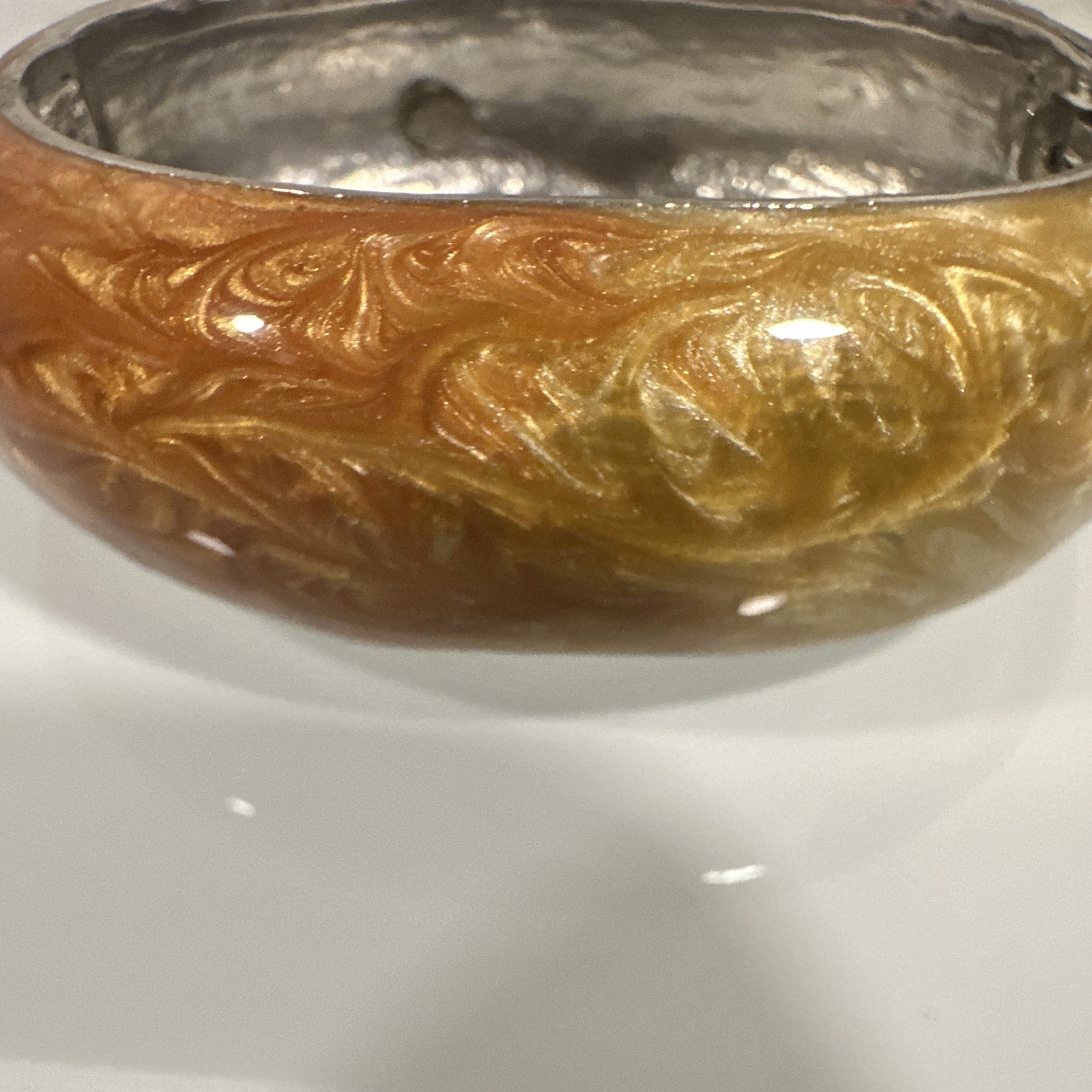 Kirks Folly Signed Hinged Enamel Bangle Bracelet Crystal Gold Orange Silver