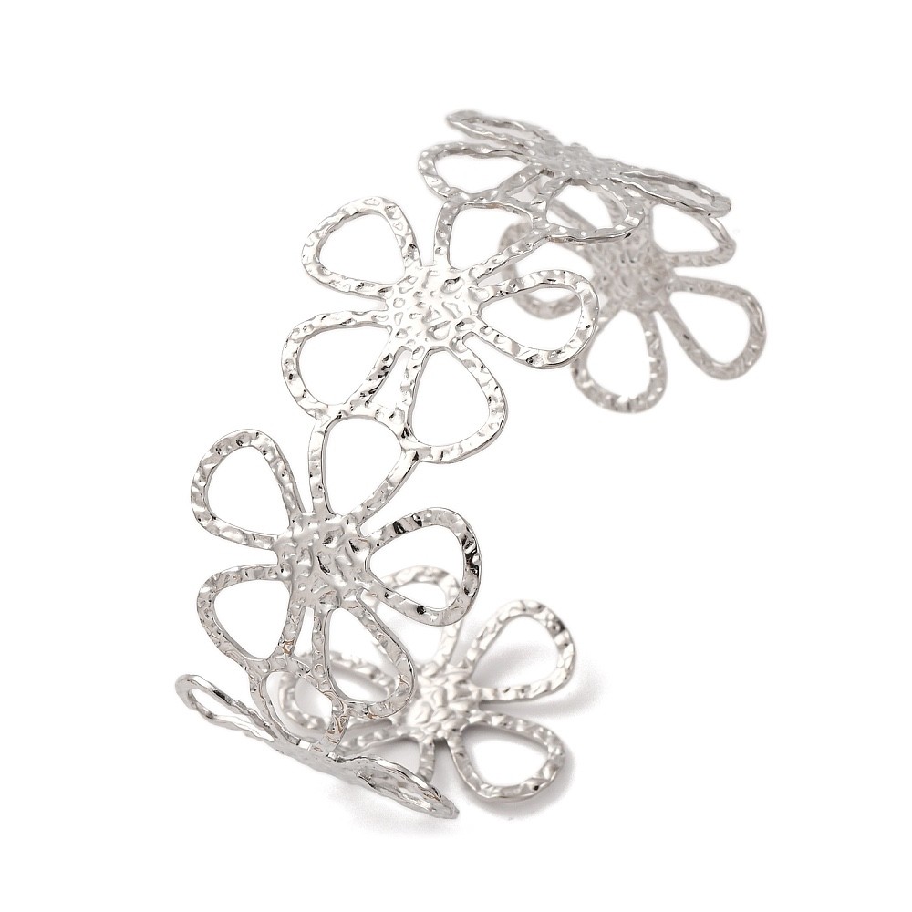 Stainless Steel Floral Open Cuff Bracelet Silver Tone Hammered Statement Jewelry