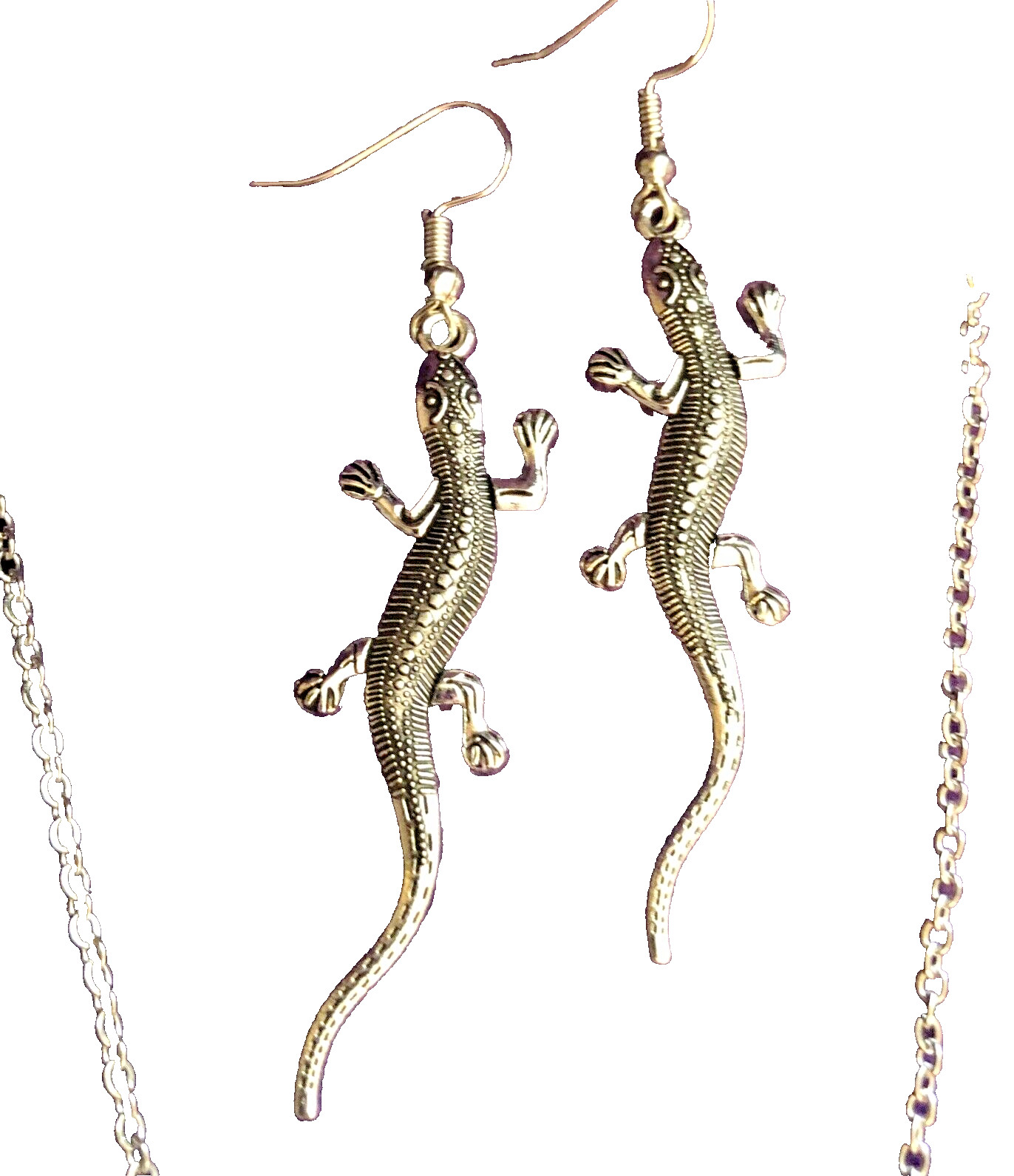 2″ long GECKO LIZARD SALAMANDER charm pendant 17” Necklace And Earrings
