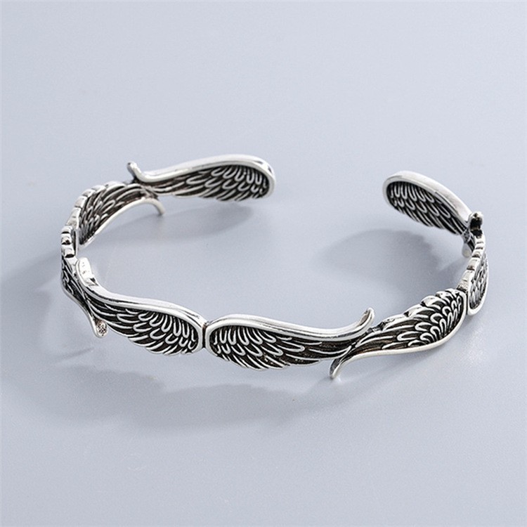 Elegant 925 Sterling Silver Angel Wings Charms Wrist Bracelet Open Bangle Cuff