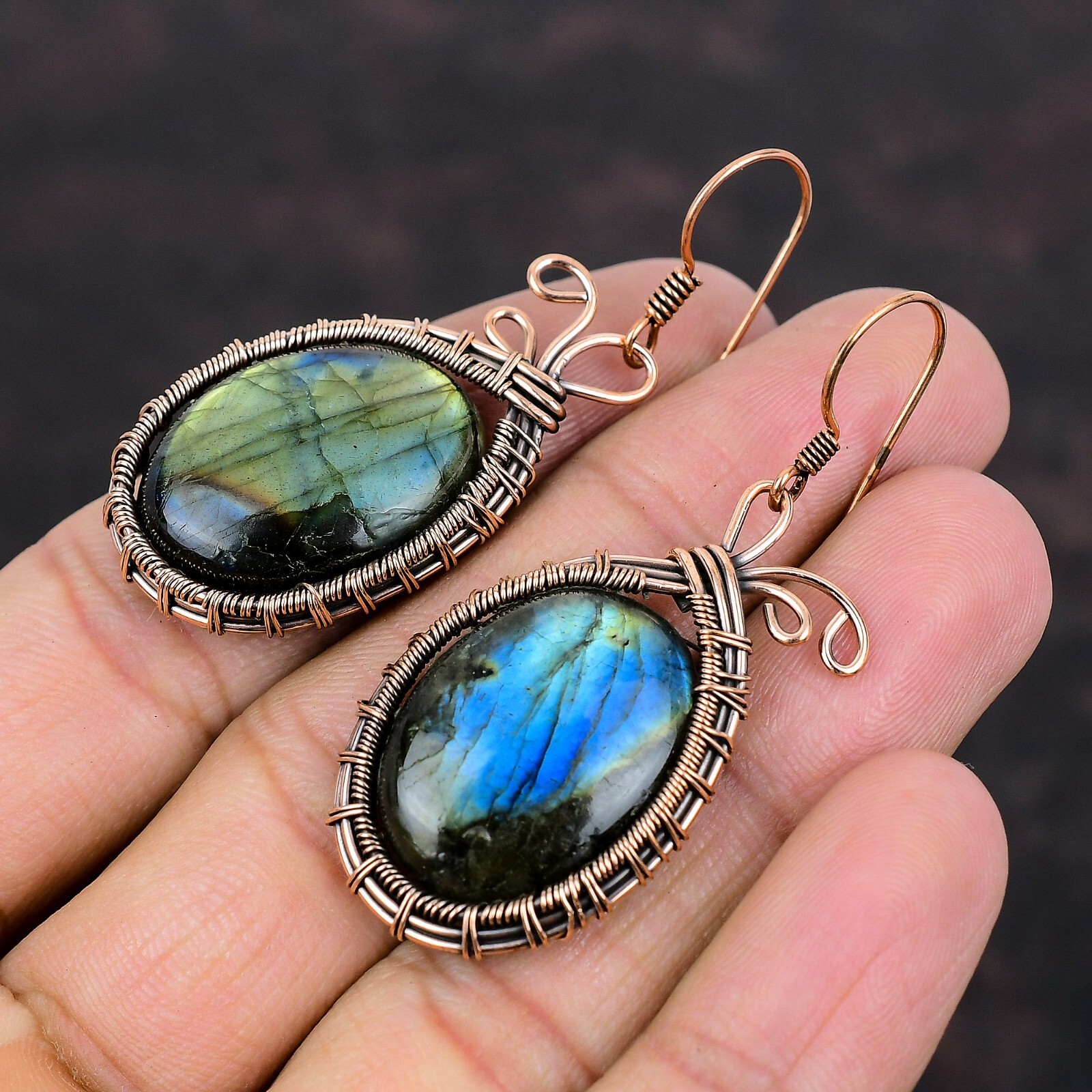 Labradorite Jewelry Copper Gift For Bridesmaid Wire Wrapped Earrings 2.2″