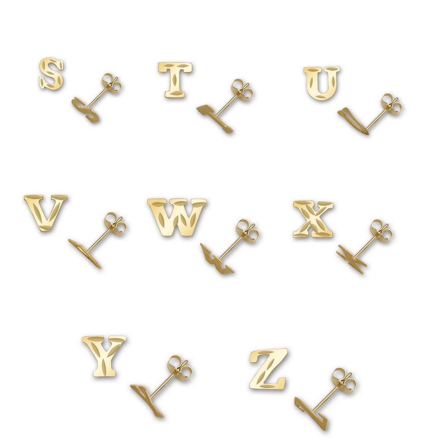 Solid 14k Yellow Gold Small Diamond-cut A-Z Initial Stud Earrings – Initial