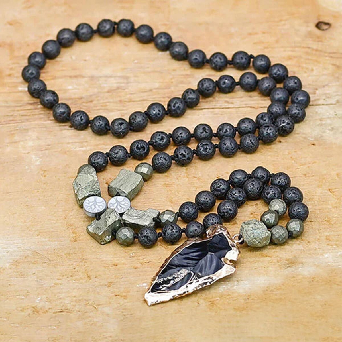 Natural Lava Rock + Black Obsidain Arrow Pendant Necklace Healing Necklace