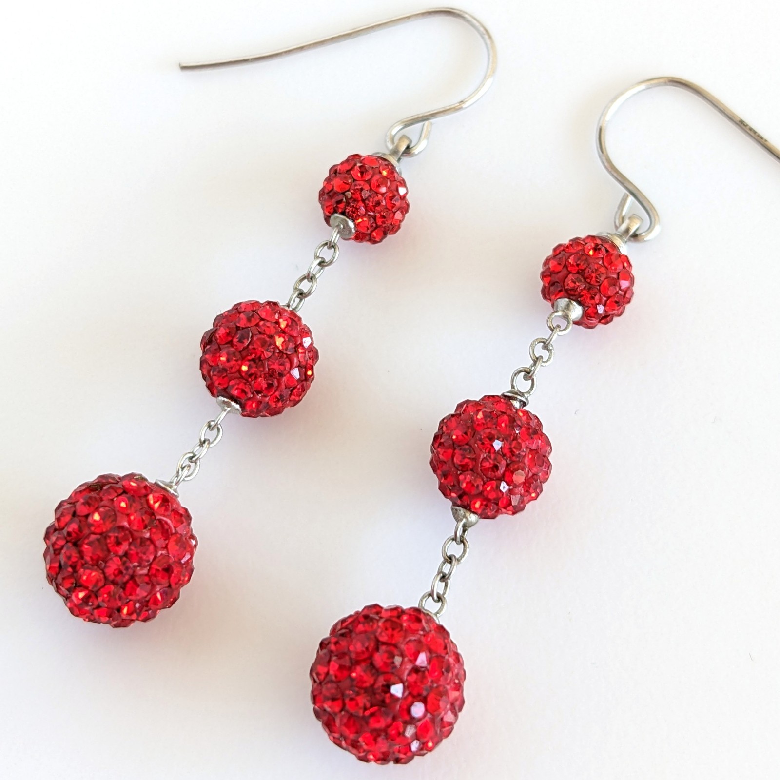 Athra ATI Rodium Plated Red Pave Crystal Rhinestone Disco Dangle Drop Earrings