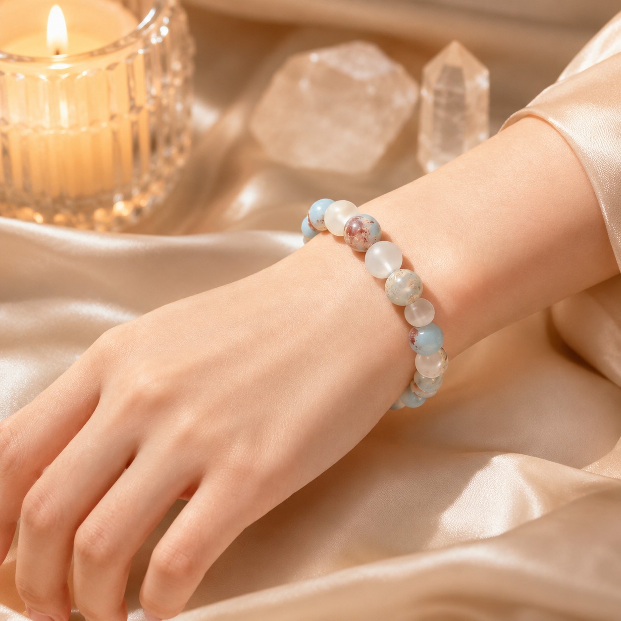 Halo Quartz Ocean Sediment Bracelet Unisex Beaded Shoushan Stone Jewelry