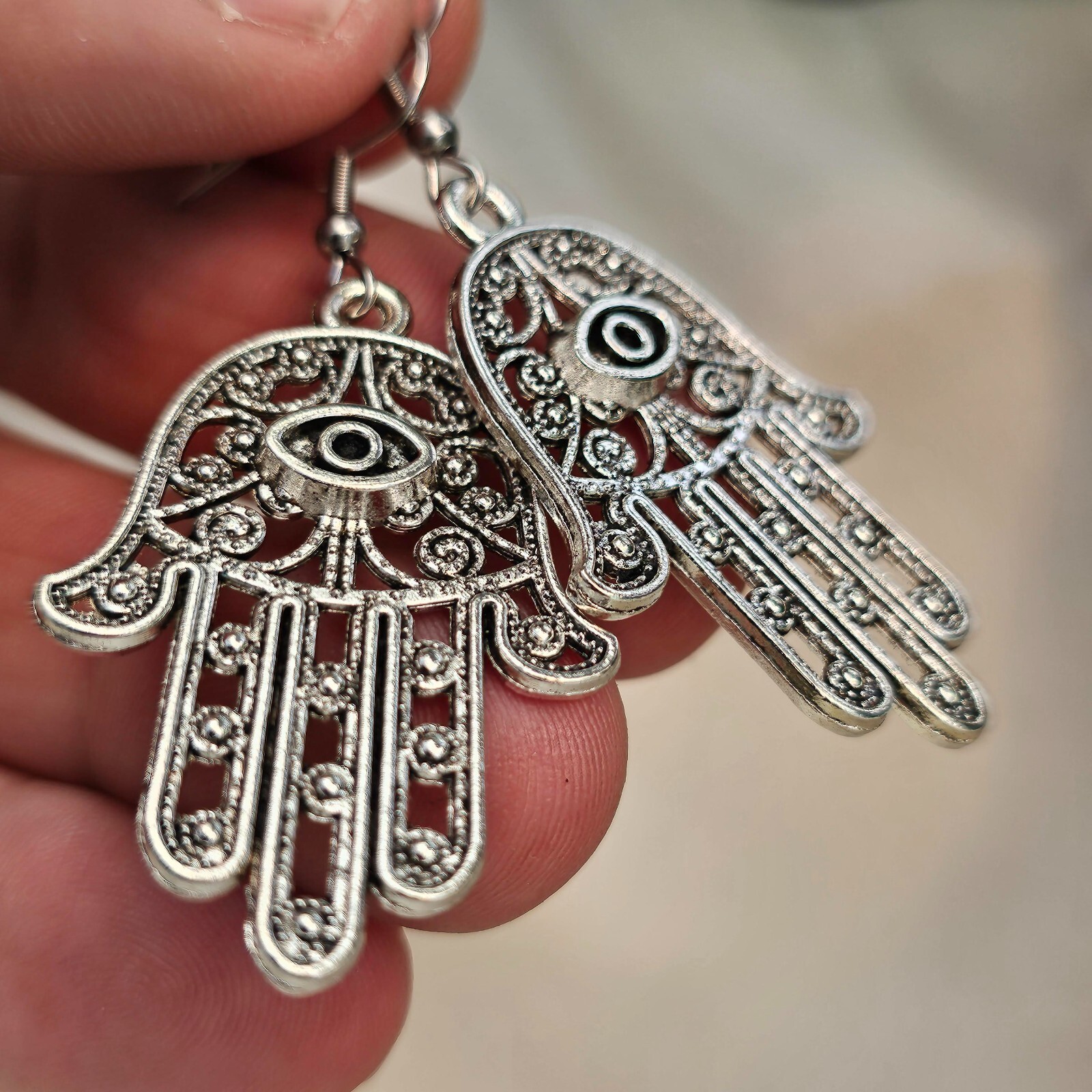 Large Hamsa Earrings Evil Eye Protection Filigree Silver Drop Dangle Jewellery