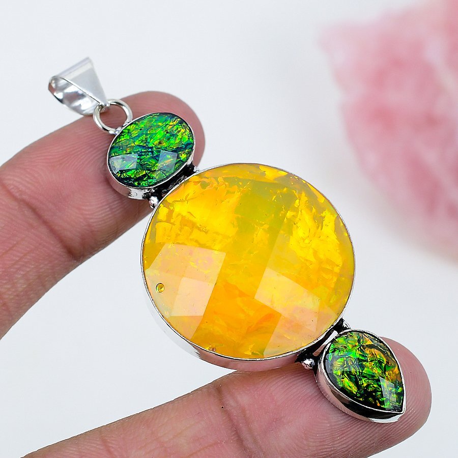 Color Enhanced Opal Tripplet 925 Silver Plated Handmade Pendant of 2.8″