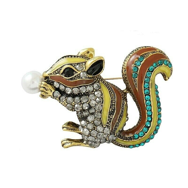 Rhinestone and Enamel SQUIRREL w/ Imitation Pearl Brooch Pin 1-1/4″ x 1-3/4″