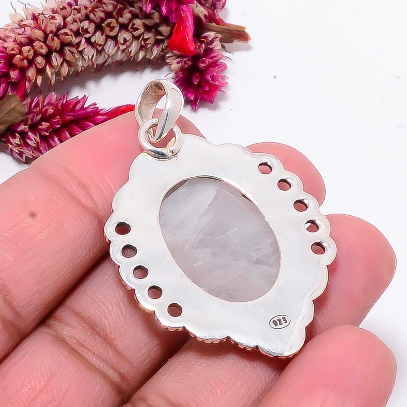 Rainbow Moonstone – India Gemstone 925 Sterling Silver Bali Pendant 1.83″ Sku47