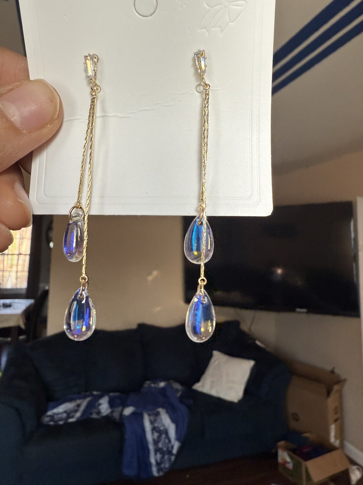 Long Aurora Borealis Earrings Iridescent Dangle Clear Rainbow Crystal Earrings