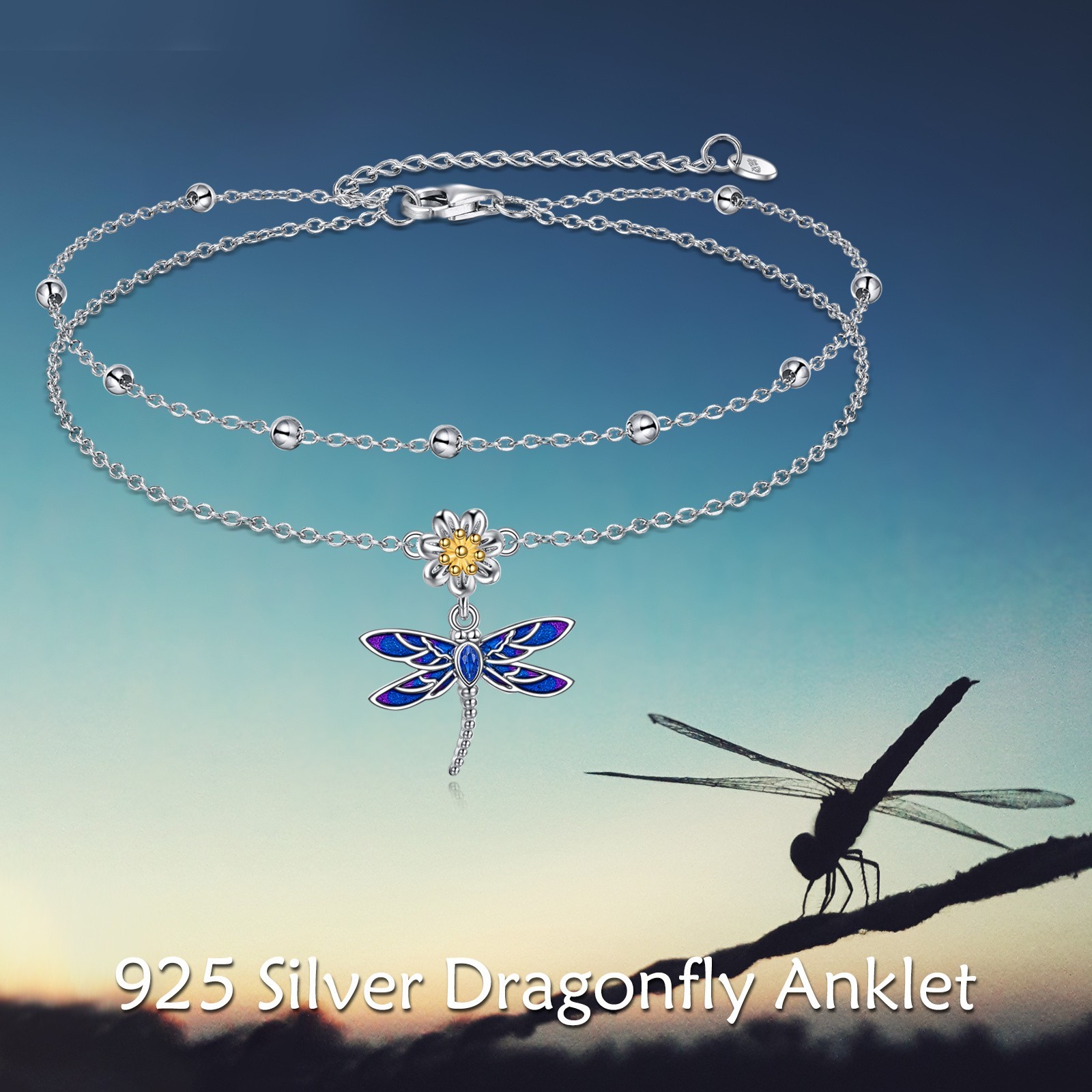 Dragonfly Anklet for Women Sterling Silver Layered Chain