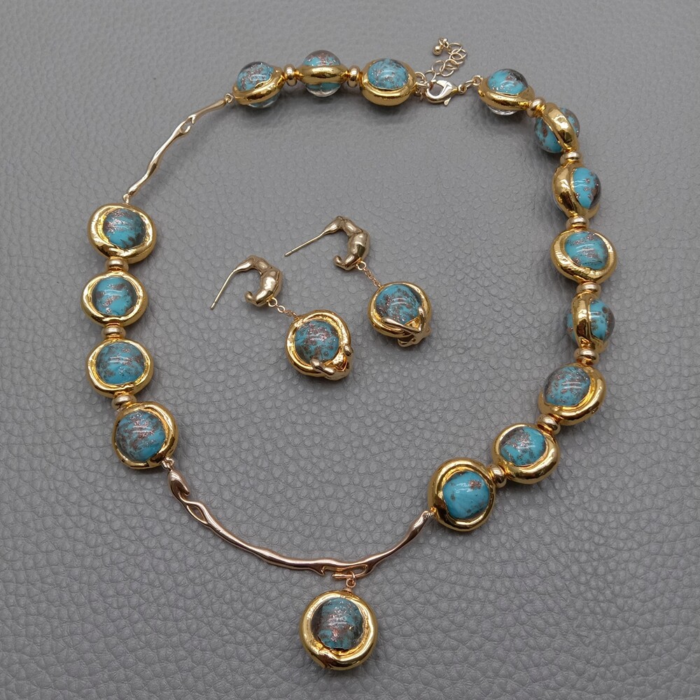 15.5″ Blue Murano Glass Choker Necklace Dangle Earrings Set