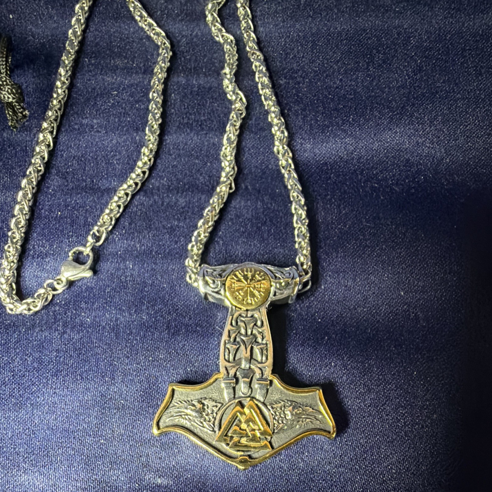 Viking Hammer Charm Pendant Necklace Silver/Gold Tone Rope Chain Lobster Clasp