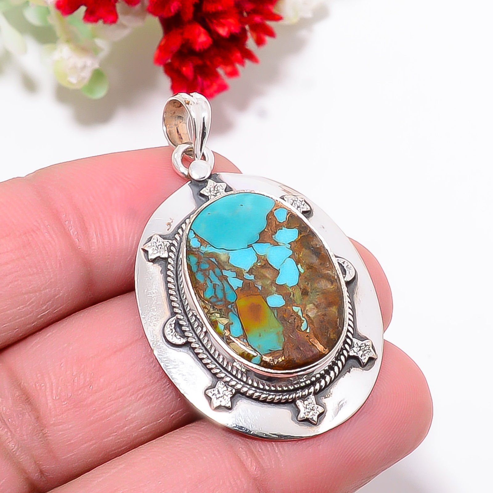Copper Turquoise – Pilot Mountain 925 Sterling Silver Bali Pendant 1.75″ P511988
