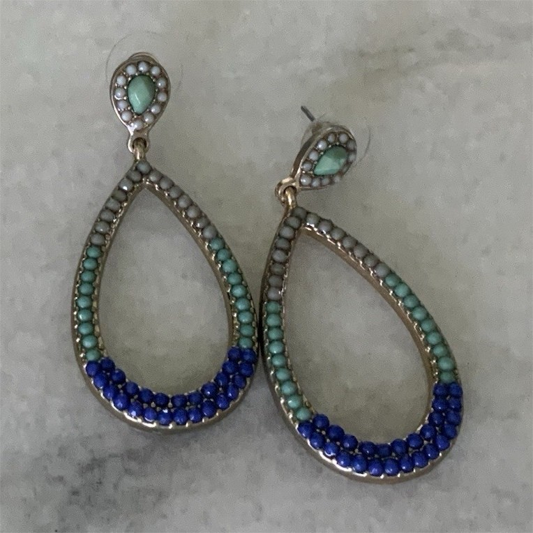 Blue & Green Rhinestone Teardrop Dangle/Drop Earrings, Lobe, Crystal