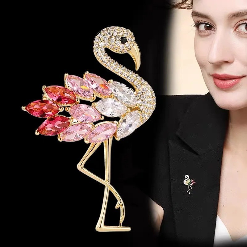 Pink Crystal Flamingo Bird Brooches For Women Gold Tone Animal Jewelry, Summer