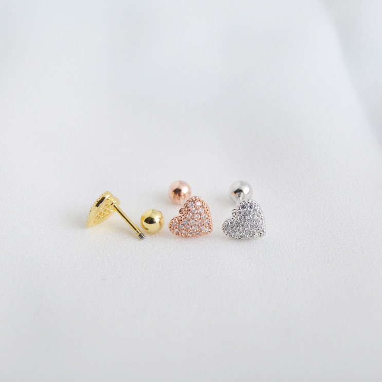 A Pair Unisex STAINLESS STEEL SCREW BACK Spade Heart EARRINGS CZ STUD Gift PE30