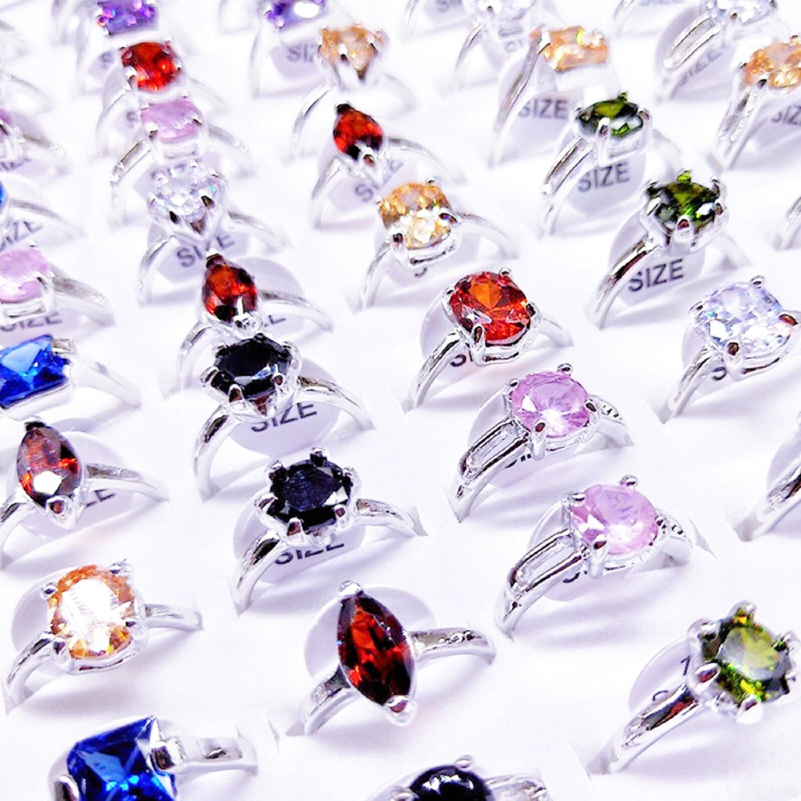 Bulk Wholesale 50 Colorful Crystal Zircon Rings Mix Women Wedding Finger Jewelry