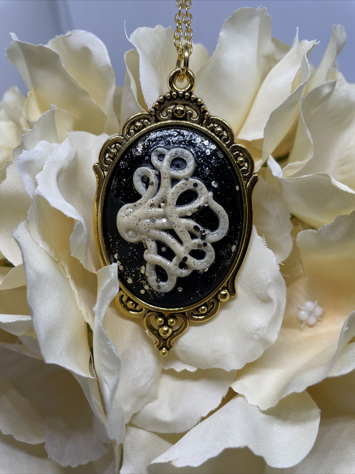 Octopus Ivory Black Cameo Gold Necklace Ocean Nautical Beach Kraken Nautical