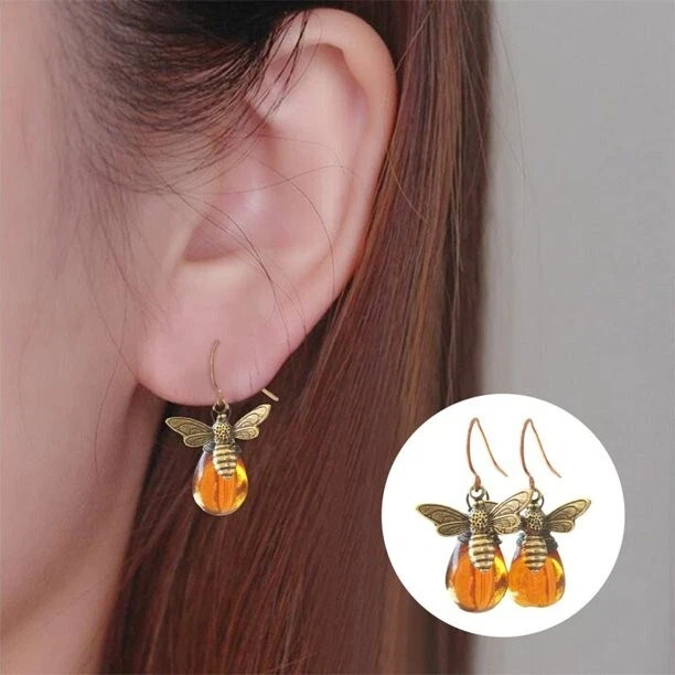 Amber Honey Bee Earrings Gold Drop Dangle Vintage Boho Gift for Women
