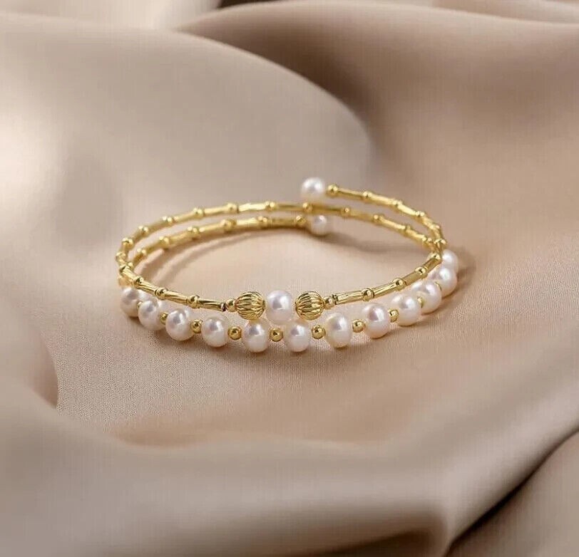 AAA 6-7mm Akoya round Real Natural White Pearl Bracelet 14k Gold 7.5-8″