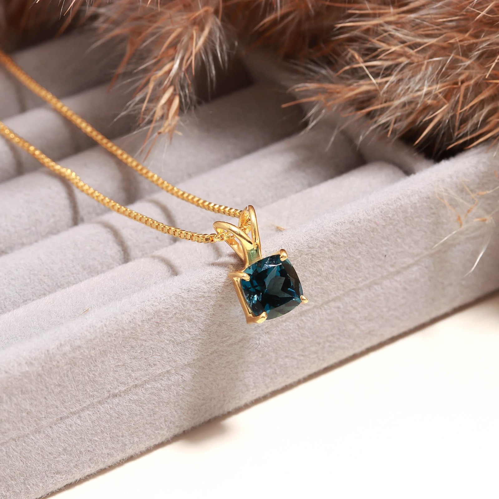 Natural London Blue Topaz Cushion Pendant Gold Plated 925Sterling Silver Jewelry