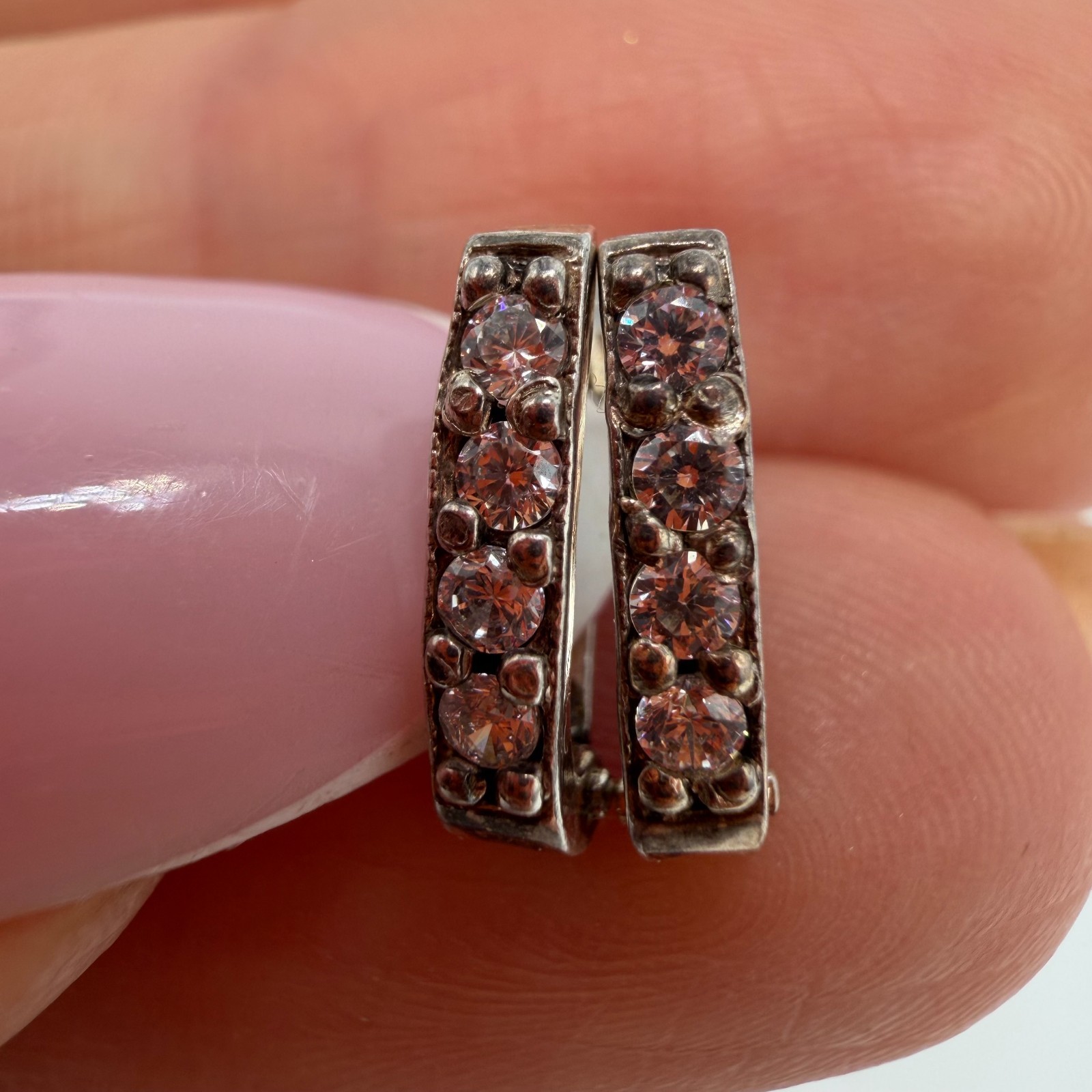 Russian 925 Sterling Silver Champagne CZ Hinged Huggie Hoop Earrings Vintage