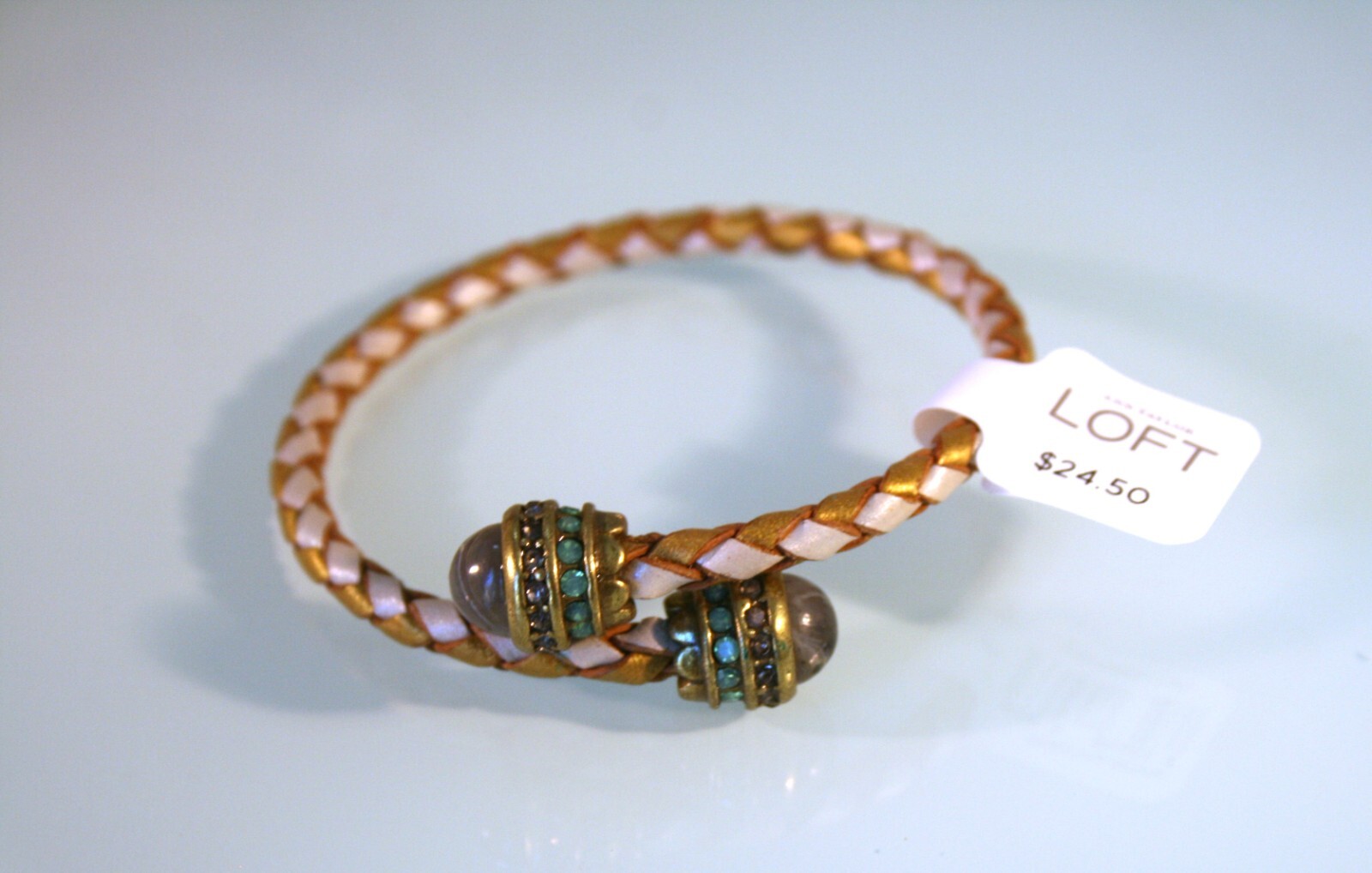 Loft gold tone silver & gold braided faux leather green crystal flex bracelet