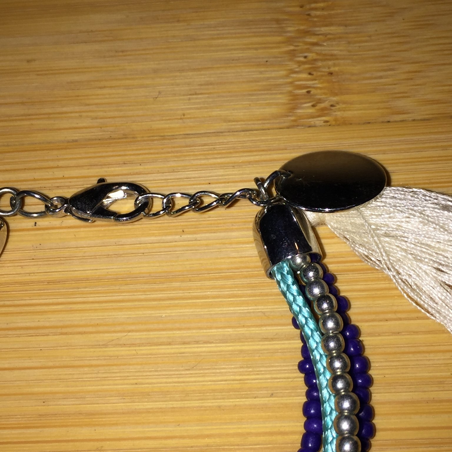 Multi-Strand Beaded Tassel Bracelet Adjustable Purple Turquoise Silver Tone