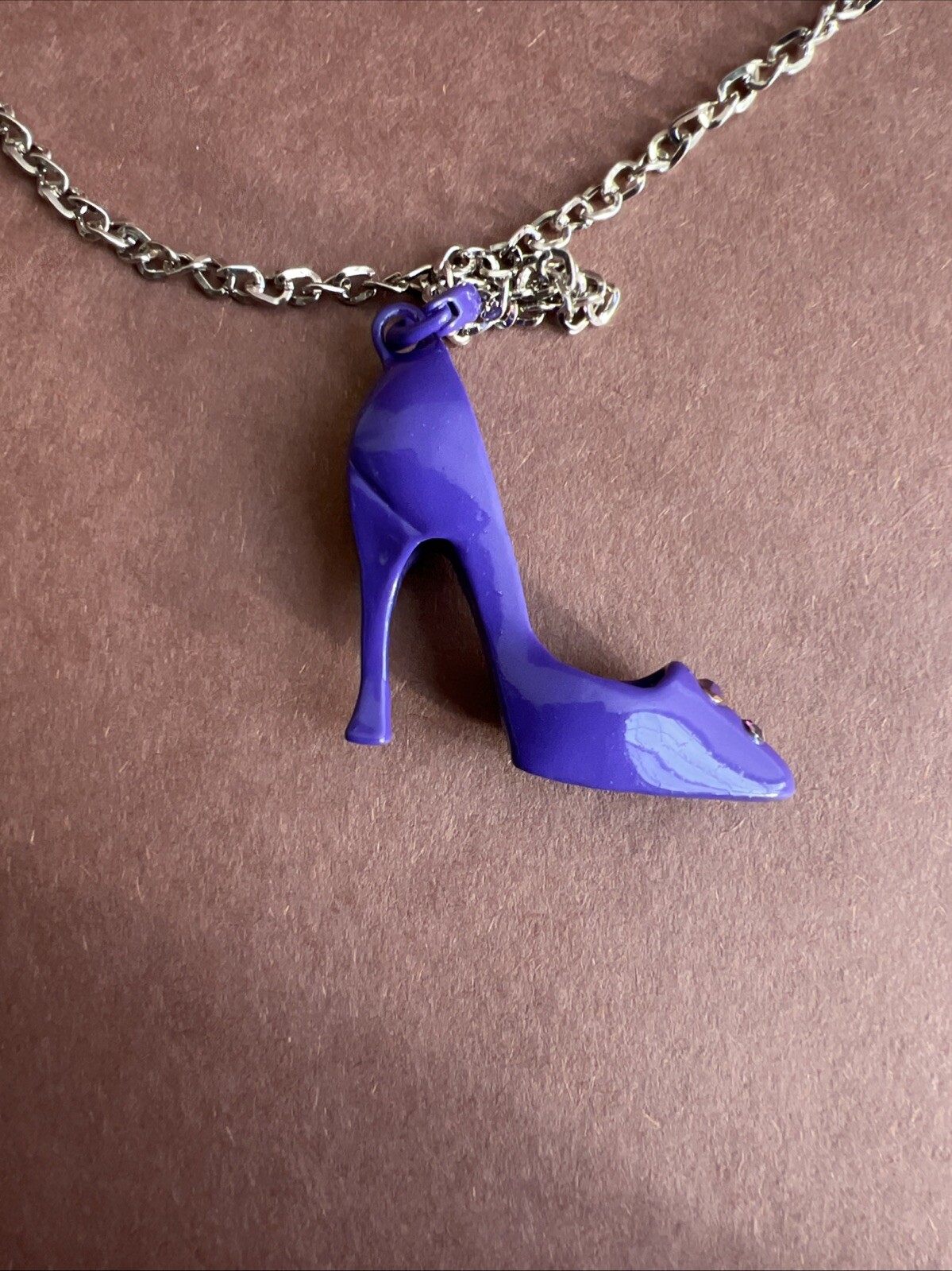 Purple High Heel Woman’s Shoe with AB Crystals Silver Tone Chain NEW 26 1/2″
