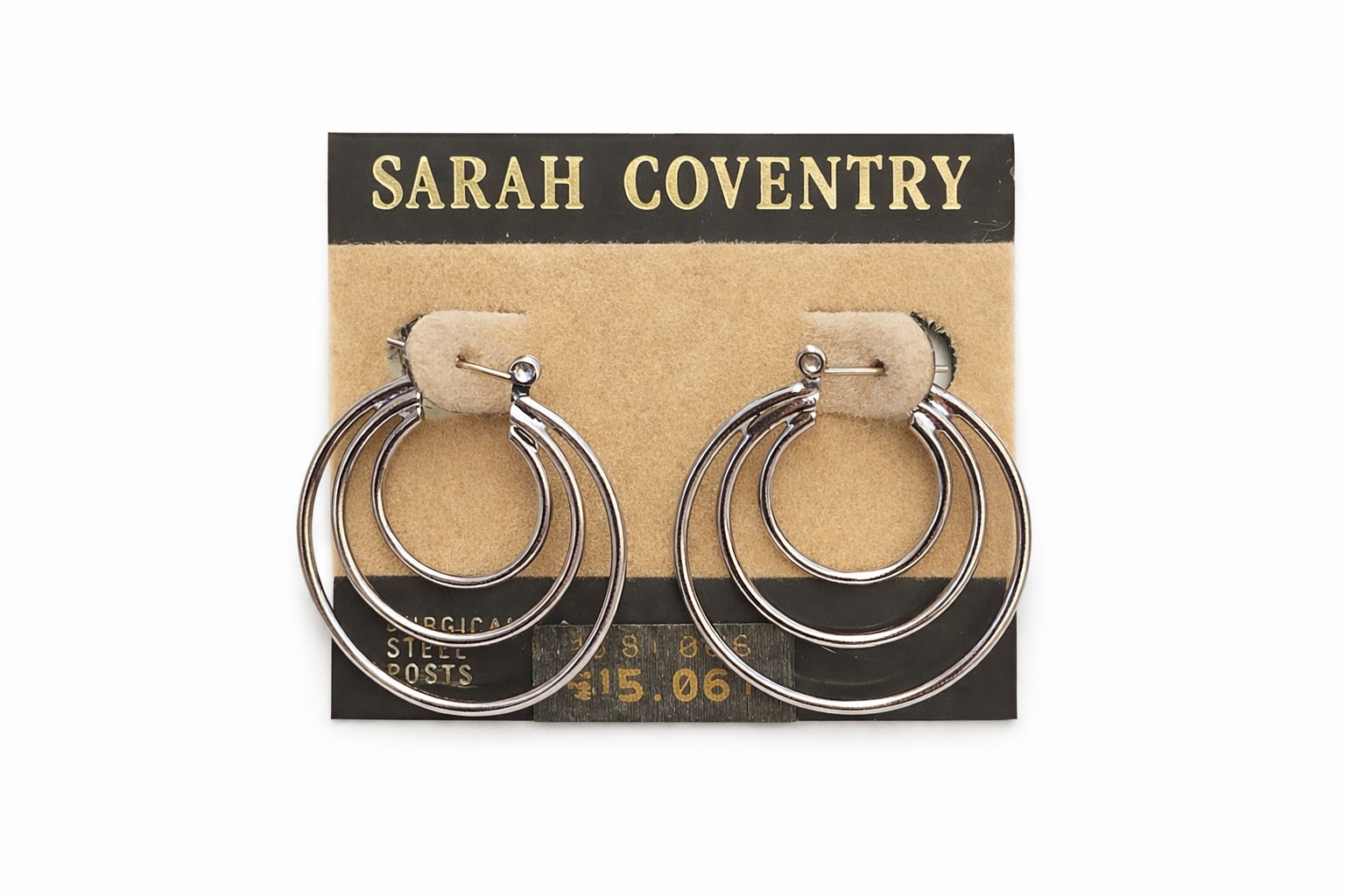 Sarah Coventry Triple Hoop Earrings Silver Tone Layered Hoops Stud Post VTG NOS