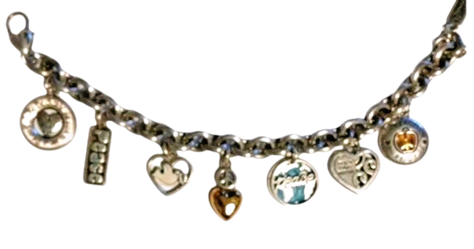 BRIGHTON Signed B Heart Silver Gold Tone Peace Charm Bracelet Enamel World Dove