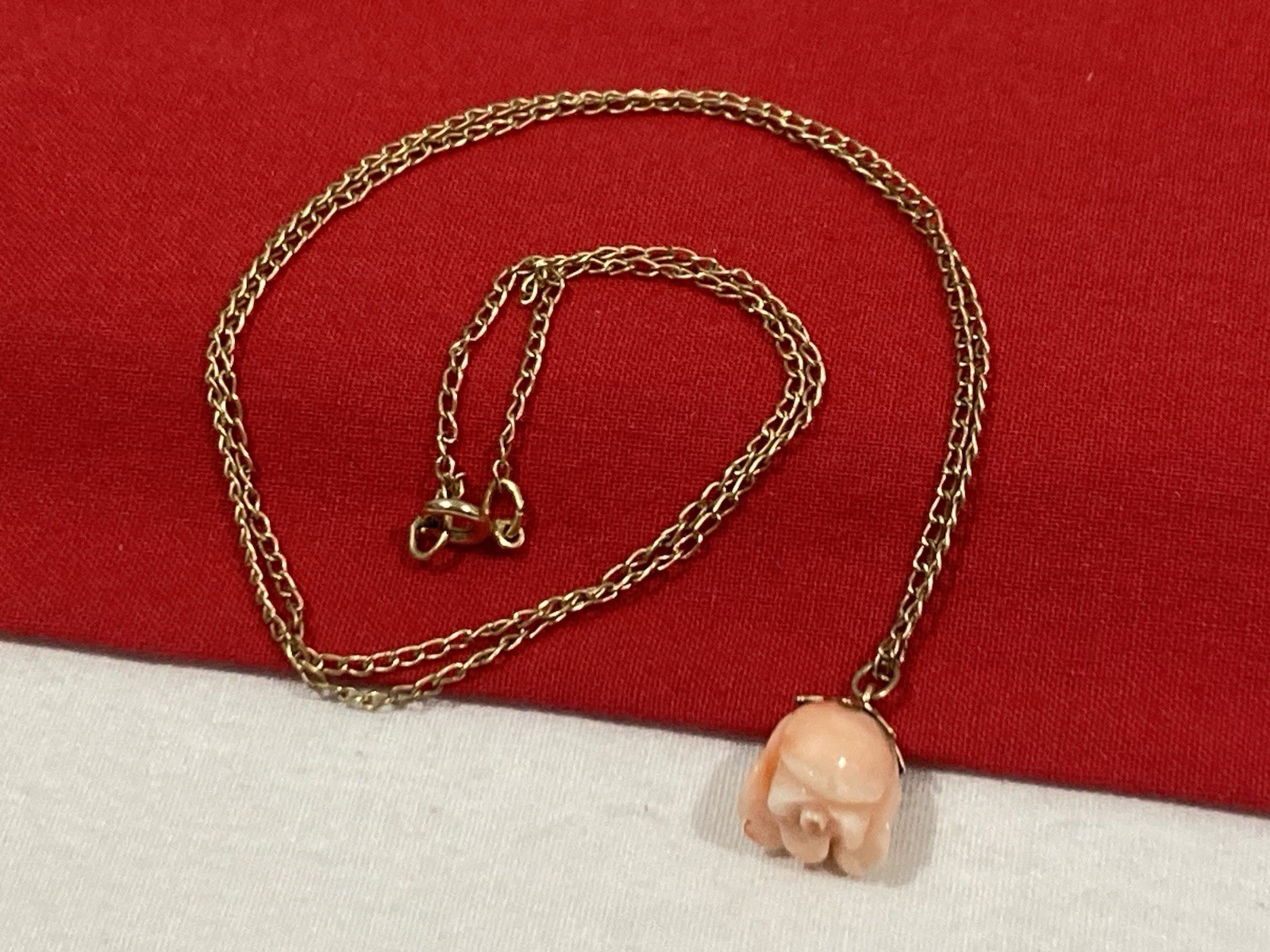 Vintage 1/20 12k G.F. Gold Filled Carved Pink Rose Flower Pendant & Necklace 18”