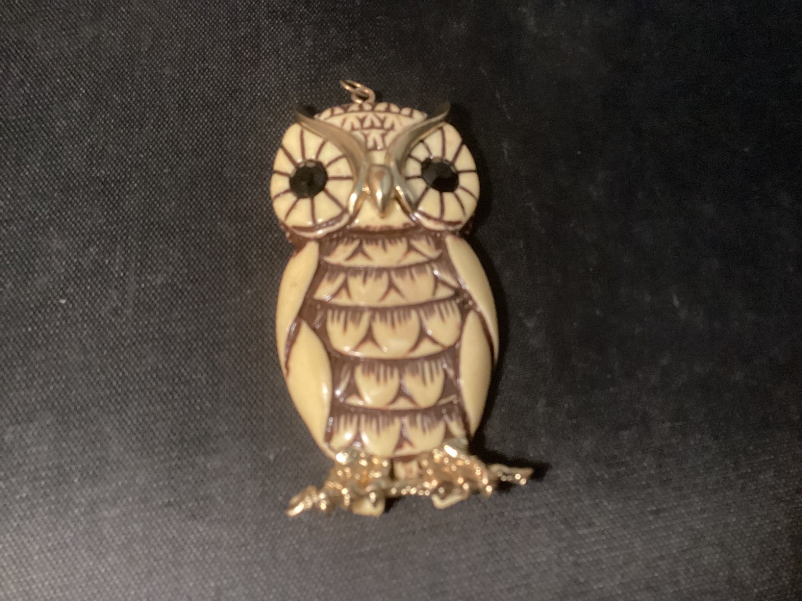 Faux Ivory Owl Pendant Rhinestone Wisdom Figure Woodland Nature
