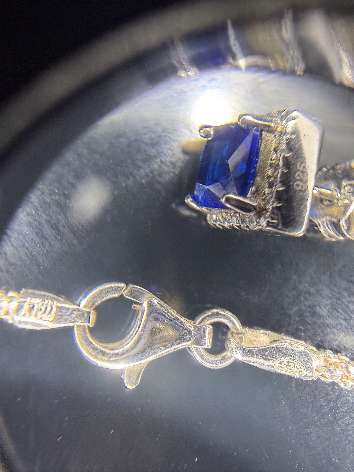 Blue Sapphire CZ Jewelry Set Necklace 17” Chain Ring Size 7 Earrings Silver